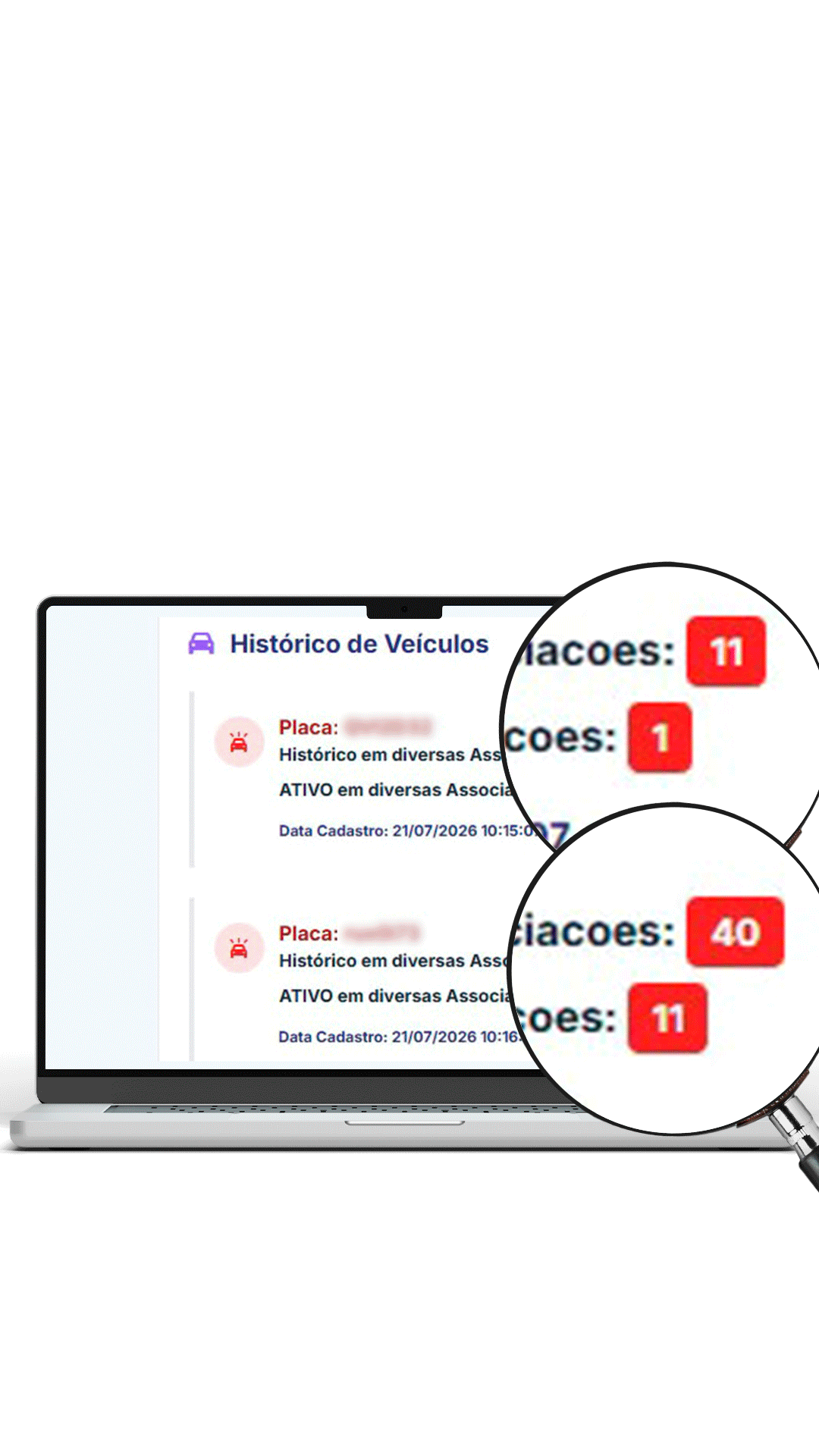 Caso real: consulta do Evidência 360º mostrando histórico de veículos em diversas associações